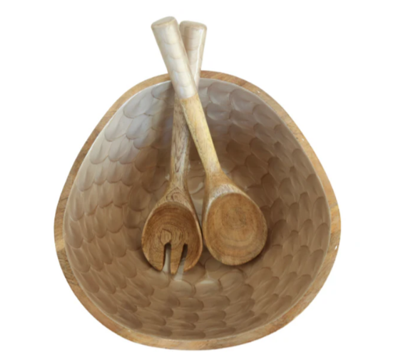 Mango Wood & Enamel Salad Bowl w/ Servers