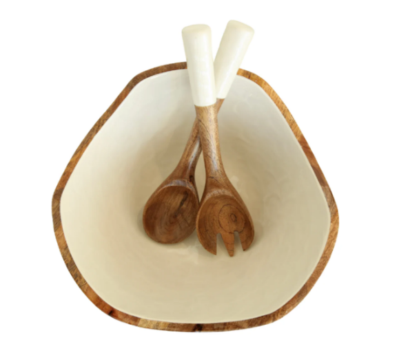 Mango Wood & Enamel Salad Bowl w/ Servers