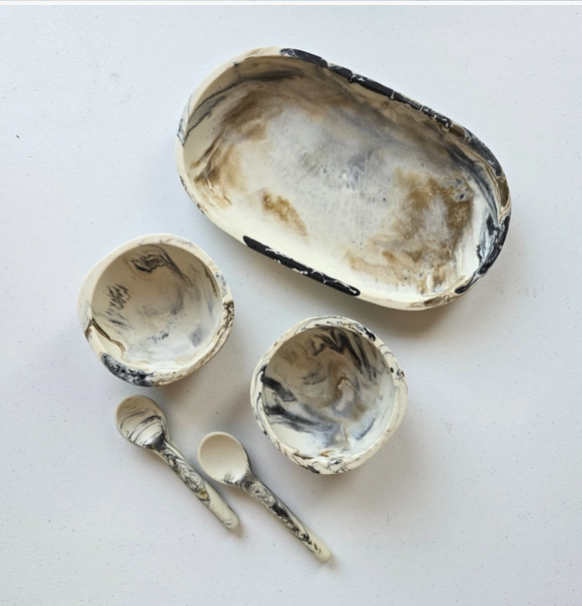 Hand-Poured Resin Small Serving Tray with 2 Bowls & Spoons