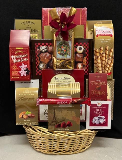 Stunningly Burgundy and Gold luxury gourmet gift basket - opulent burgundy and gold themed premium basket with chocolates, truffles, nuts, and biscotti, delivered nationwide and to New York City NYC - ideal for corporate gifts, sympathy and condolence baskets, client appreciation, lease renewals, and holiday gifting