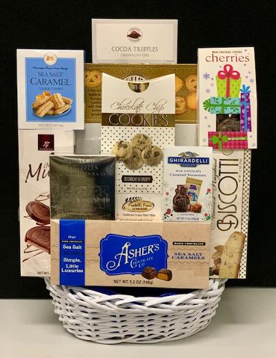 Sweets and treats gourmet corporate gift basket - premium chocolates, cookies, nuts, truffles, and caramels gift basket, delivered nationwide and to New York City NYC - perfect for corporate gifts, client appreciation, employee appreciation, holiday gifting, Christmas and Chanukah baskets, get well, and sympathy baskets