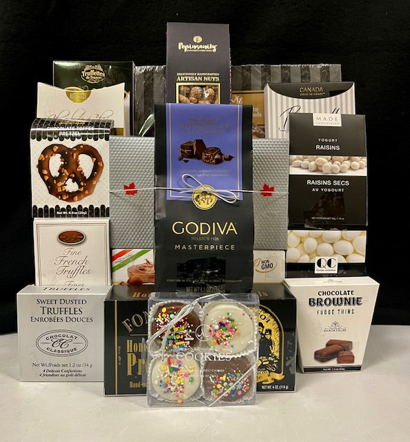 Sympathy & Condolence Midnight Gathering - comforting gourmet food gift basket with premium chocolates, cookies, nuts, and truffles in deep midnight tones - thoughtful condolence gift with NYC delivery and nationwide shipping