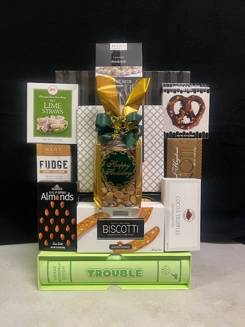 Luxury Trouble bookshelf game gift basket with premium gourmet chocolates and treats - unique corporate gift for NYC clients and tenant renewals