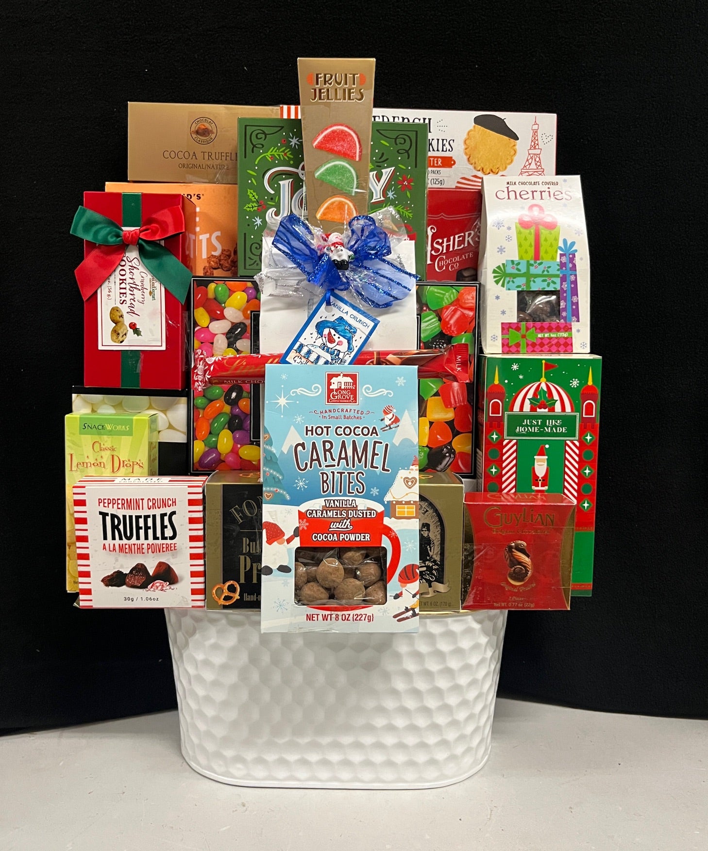 Vibrant Delights white tin gourmet corporate gift - bold white keepsake tin filled with luxury chocolates, gourmet candies, and premium sweets, delivered nationwide and to New York City NYC - perfect for birthdays, client appreciation, employee appreciation, and corporate holiday gifting