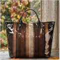 Brown stripe glossy vinyl tote bag - chic women's beach and travel bag, corporate and holiday gift - Long Island gift store, ships nationwide