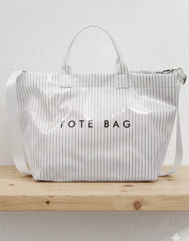White Stripe glossy beach tote - classic summer PVC tote bag, teacher gift and holiday gift for women, nationwide delivery