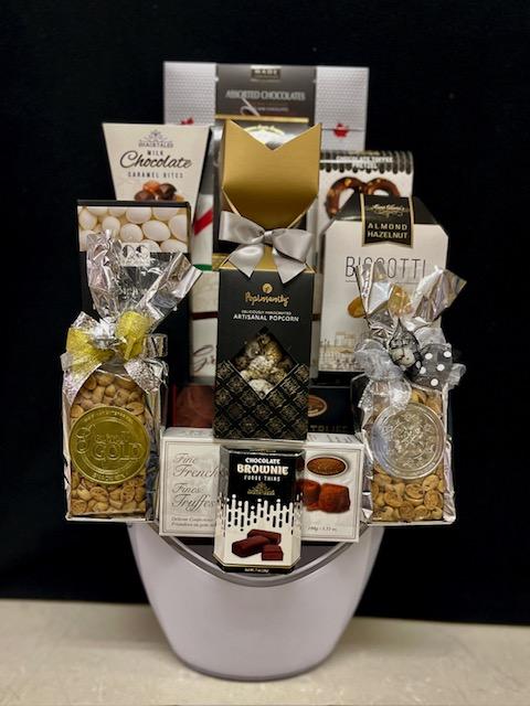 White acrylic beverage bin corporate gift - reusable bin for drinks filled with luxury gourmet chocolates, candies, and premium sweets, perfect for conference rooms and home bars, delivered nationwide and to New York City NYC - ideal for client appreciation, employee appreciation, and corporate holiday gifting