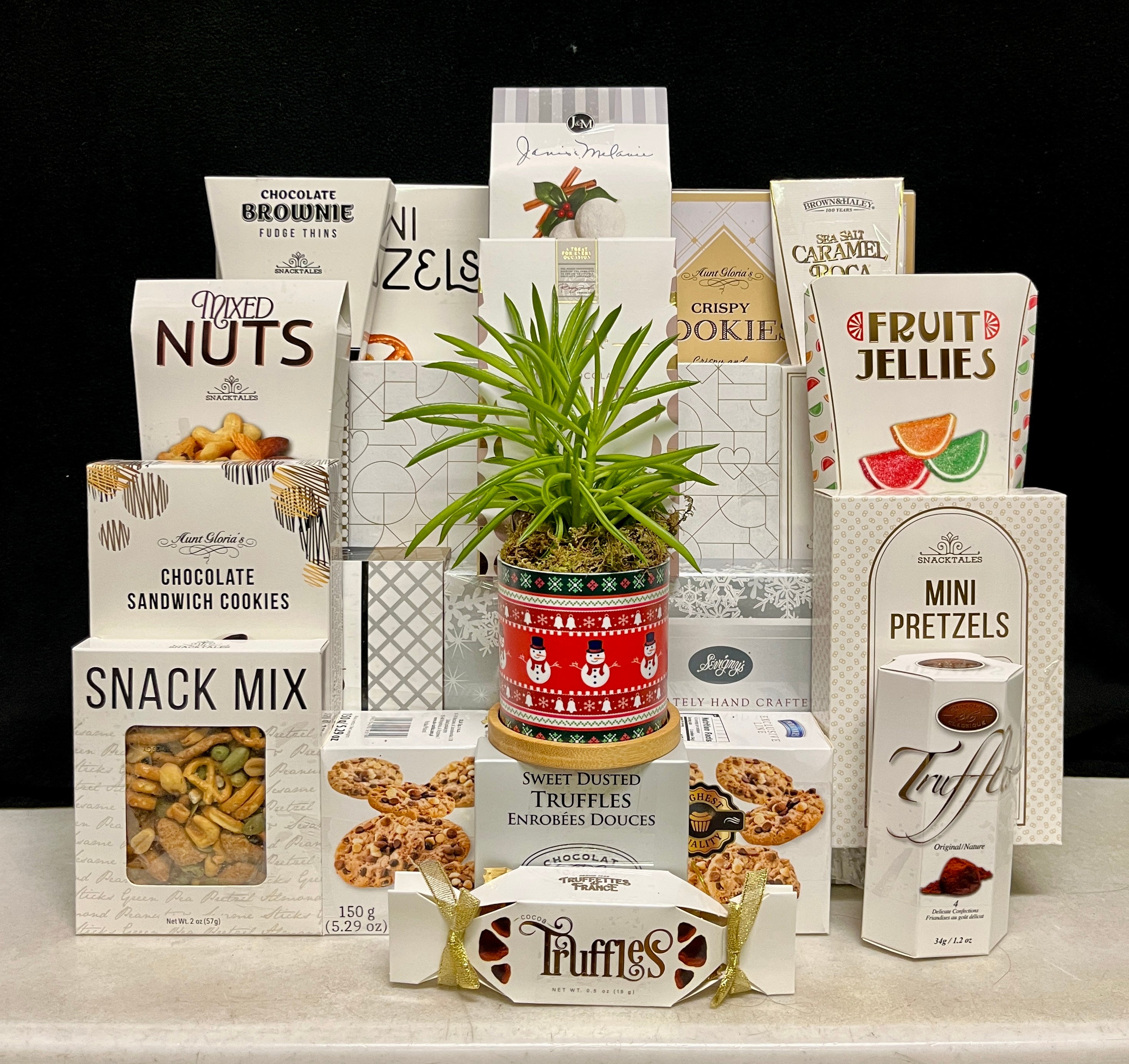 Winter White Luxury Gourmet Gift Basket Gathering - premium holiday chocolates, cookies, nuts, truffles, and savory treats in a crisp winter white presentation - NYC delivery and nationwide shipping