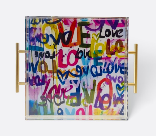 Heart Love Acrylic Tray with gold handles - designer heart-themed 12x12 clear acrylic organizer tray, romantic luxury gift for her, birthdays, Valentine's Day, Mother's Day, bridal shower, corporate gifts, NYC New York City Long Island gift boutique, nationwide delivery