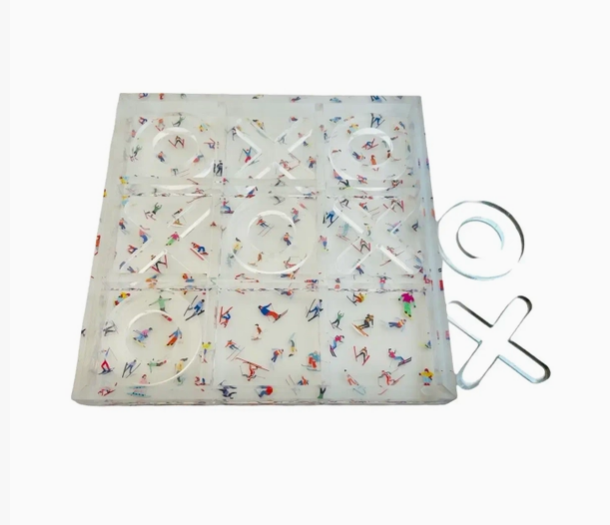 Acrylic Ski Tic-Tac-Toe set with colorful skier motifs and clear acrylic X and O pieces - unique corporate gift, New York City gift store, nationwide delivery
