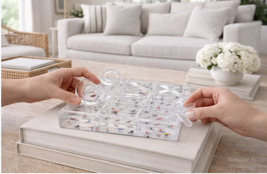 Two hands playing acrylic Ski Tic-Tac-Toe on a coffee table in an elegant living room - premium gift for all occasions, nationwide delivery from NYC
