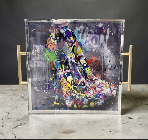 Graffiti heels acrylic tray with gold handles - bold NYC-inspired home decor and fashion gift for birthdays, housewarmings, and bridal showers, nationwide delivery from The Pampered Professional