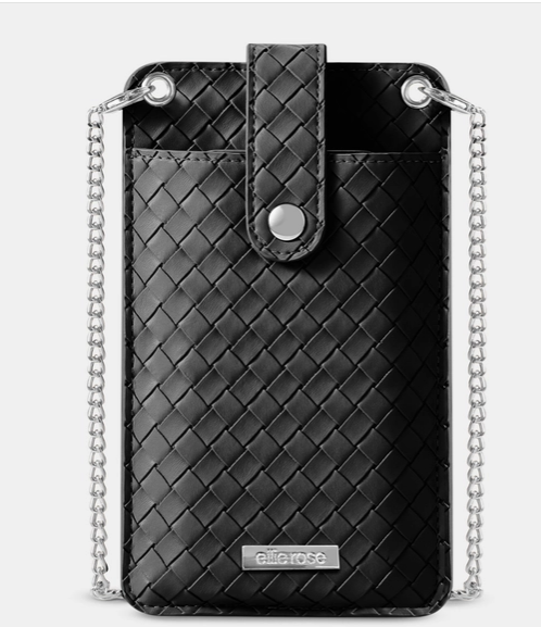 Black woven leather phone pouch with a silver chain strap and snap closure. RFID blocking crossbody phone bag in black - faux leather chain purse, corporate gift, nationwide delivery