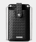 Black woven leather phone pouch with a silver chain strap and snap closure. RFID blocking crossbody phone bag in black - faux leather chain purse, corporate gift, nationwide delivery