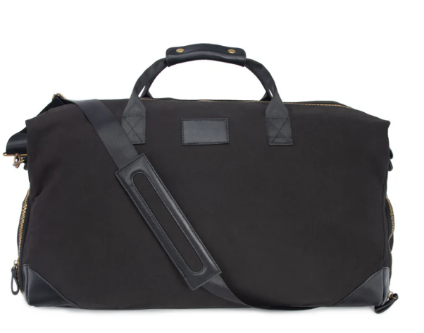 Harrison Weekender Duffel Bag - black cotton canvas and vegan leather travel bag with adjustable strap, luxury gift for him, New York City nationwide delivery