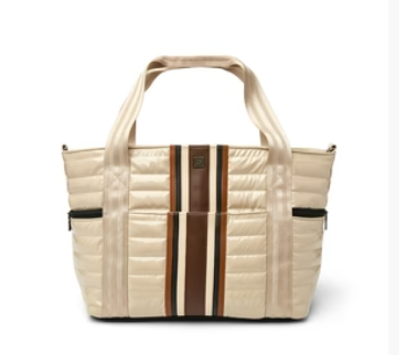 Think Rolyn Jet Set Wingman Tote in Blonde Patent Colorblock Luxe Stripe - luxury travel tote with trolley slip, zip pockets, and crossbody strap, nationwide delivery, NYC Long Island gift store