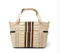 Think Rolyn Jet Set Wingman Tote in Blonde Patent Colorblock Luxe Stripe - luxury travel tote with trolley slip, zip pockets, and crossbody strap, nationwide delivery, NYC Long Island gift store