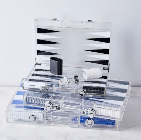 Premium acrylic backgammon set blue white or black and white - unique housewarming birthday gift - The Pampered Professional