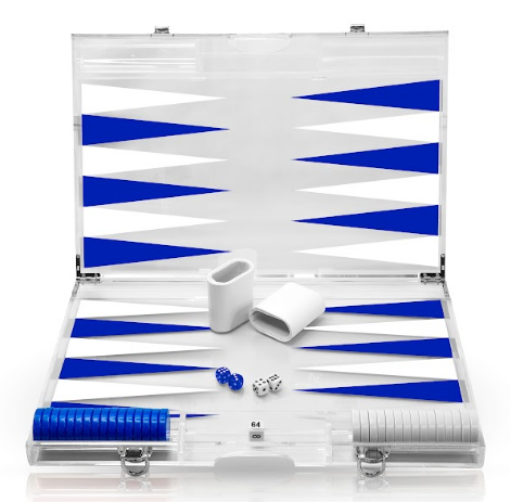 Blue and white acrylic backgammon set open - personalized game - home decor - The Pampered Professional