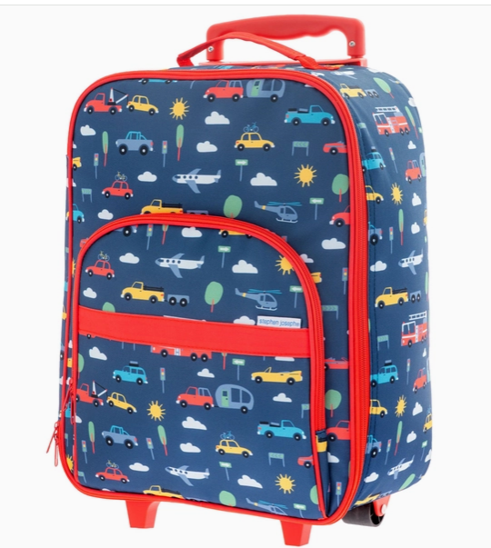 Transportation kids rolling luggage with red trim - navy blue children's suitcase with cars, planes and helicopters, The Pampered Professional, NYC gift store, nationwide delivery