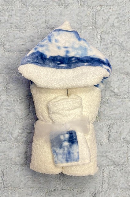 Blue tie dye faux fur hooded towel for bath time or poolside - personalized baby gifts for corporate and personal giving