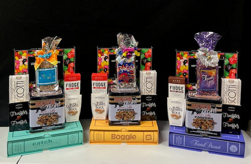Luxury Catch Phrase, Boggle or Trivial Pursuit bookshelf game gift basket with premium gourmet treats - entertaining corporate gift for NYC clients and tenant renewals