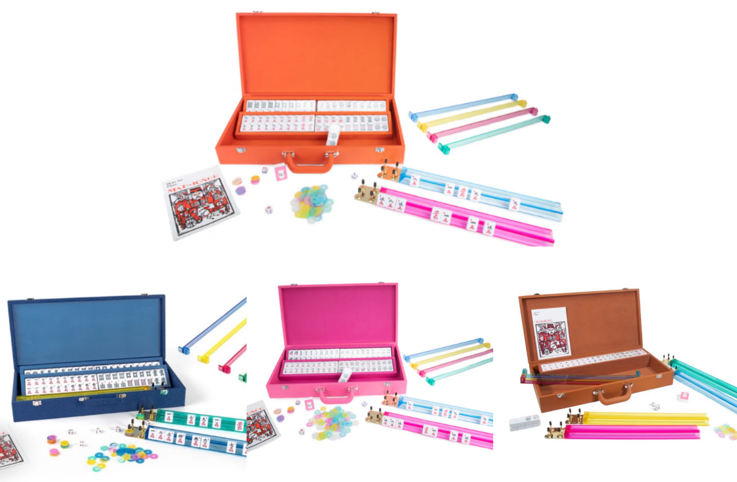 Mahjong set gift - orange, navy, pink, and saddle brown carrying cases with colorful tile racks, tiles, and accessories - luxury gift for all occasions, nationwide delivery from NYC Long Island gift store