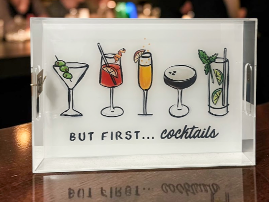 But First Cocktails acrylic tray featuring martinis and cocktails design - luxury gift for women, NYC gift shop, nationwide delivery