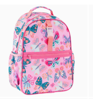 Stephen Joseph All Over Print Kids Backpack in pink Butterfly design - school bag for girls with floral butterfly pattern, adjustable straps and front zip pocket