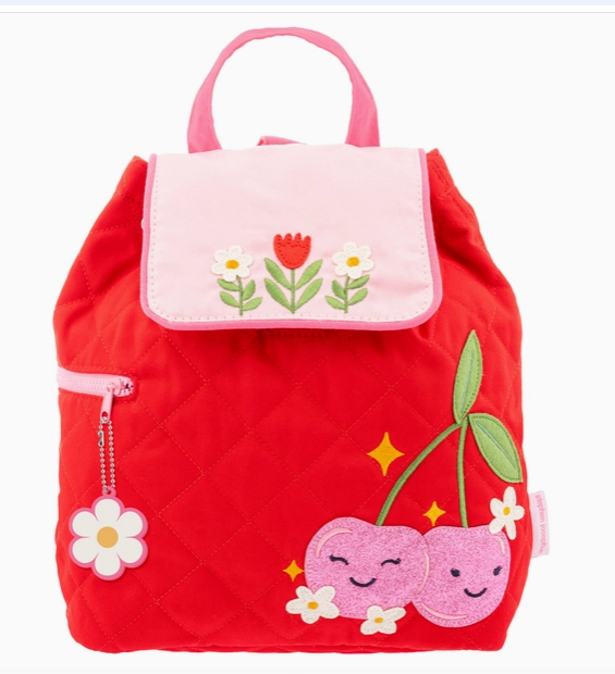 Girls personalized quilted cherry backpack - Stephen Joseph toddler school bag doubles as diaper bag, back-to-school and birthday gift, Long Island gift store, nationwide delivery