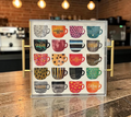 Acrylic tray with gold handles featuring a colorful grid of illustrated coffee mugs - coffee bar gift tray from The Pampered Professional, Long Island NYC, nationwide delivery