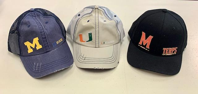 Baseball caps with different college logos - customized for high school graduates, men and women