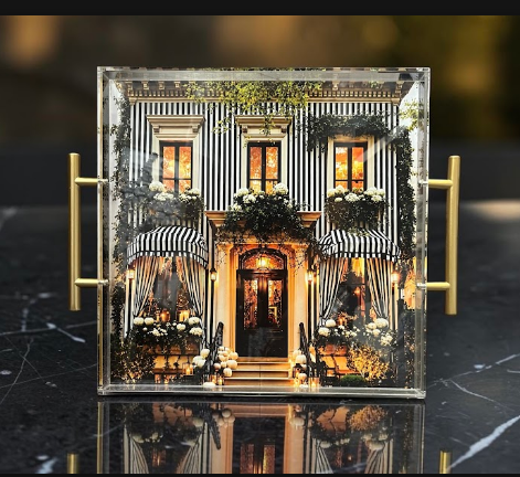Acrylic tray with gold handles featuring an illuminated colonial home with black and white striped awnings and glowing windows at evening - elegant home decor gift tray from The Pampered Professional, Long Island NYC, nationwide delivery