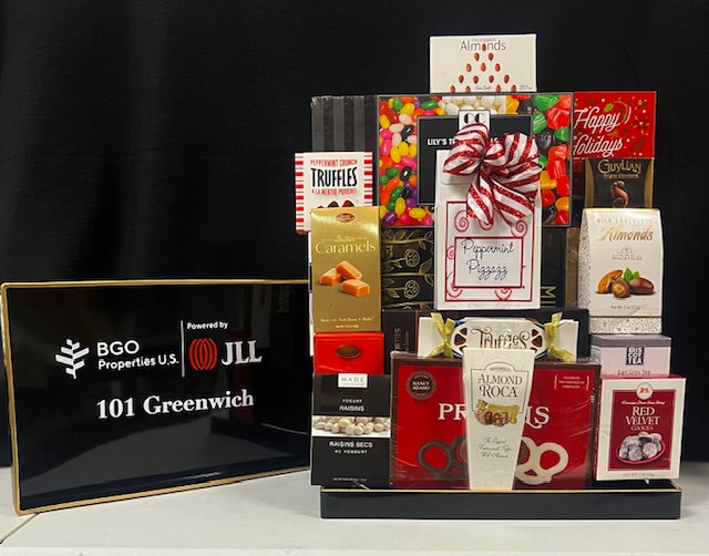 Corporate logo branded gift tray with assorted gourmet foods and custom company logos, ideal for client appreciation and corporate gifting in NYC with nationwide delivery