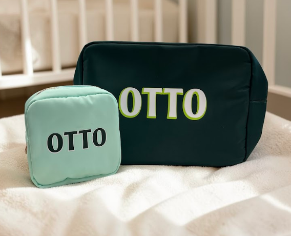 Set of 2 personalized baby pouches monogrammed with name Otto - large navy pouch and small mint pouch for diaper bag and beach bag - new baby gift, New York City and Long Island gift store, nationwide delivery