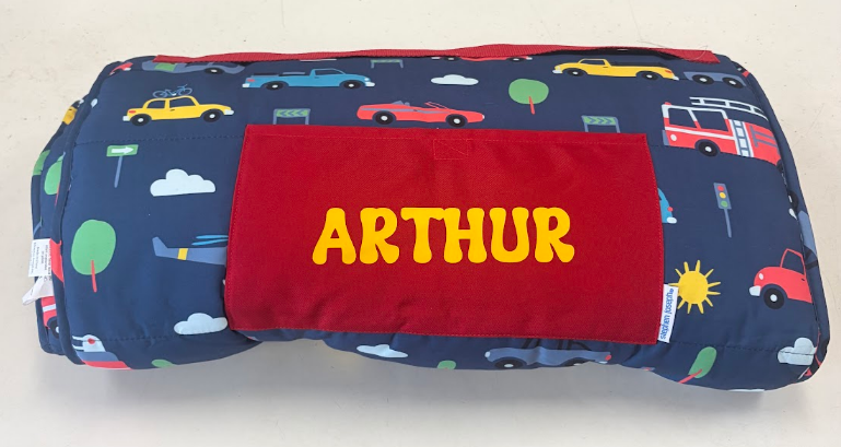 Monogrammed blue transportation nap mat for toddlers - custom name nap mat with blanket and pillow - baby shower and birthday gift - ships nationwide from NYC