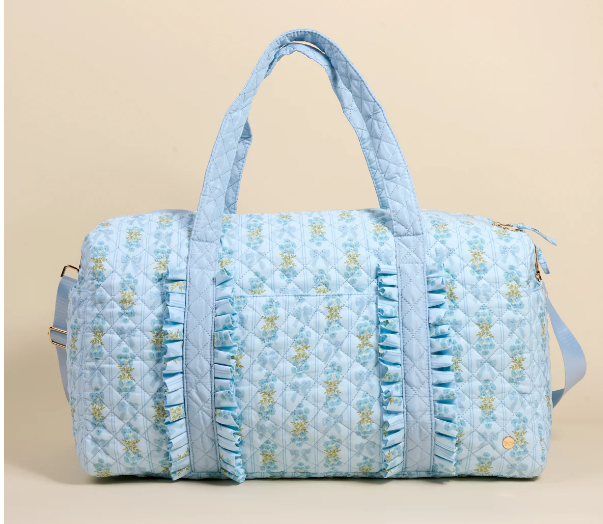Light blue quilted floral ruffle weekender duffle bag with crossbody strap - luxury travel gift for birthdays, Mother's Day, and holidays - nationwide delivery from NYC Long Island gift store