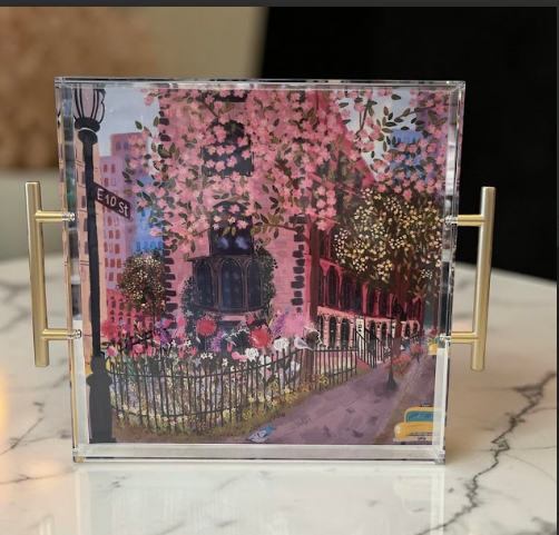 Acrylic tray with gold handles featuring a downtown city street with flowers - elegant decorative tray for vanity, dresser, or shelf