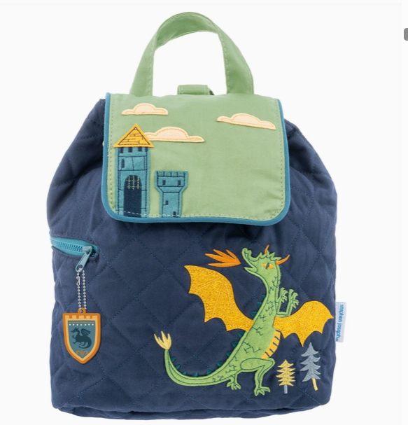 Kids personalized quilted backpack with dragon and castle embroidery - Stephen Joseph toddler school bag, birthday gift for boys, Long Island gift store