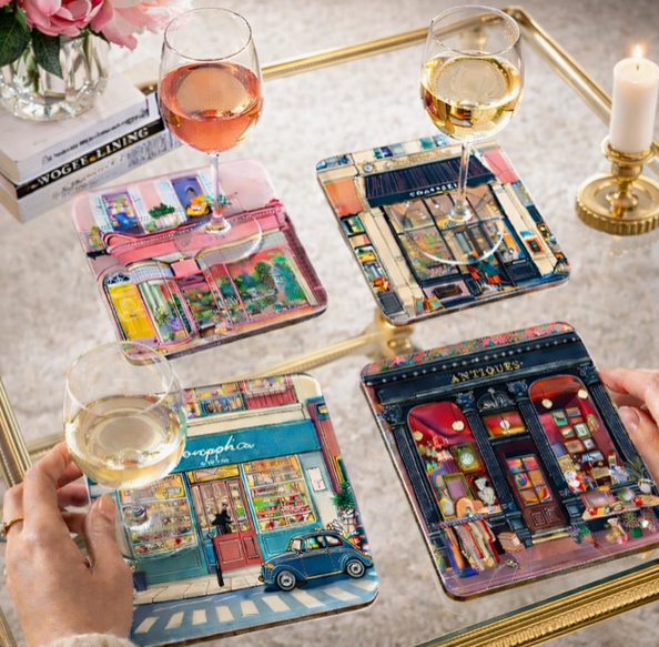 Four Paris café coasters with vintage storefronts; NYC corporate gifts, gifts for all occasions, nationwide delivery, Long Island gift store.