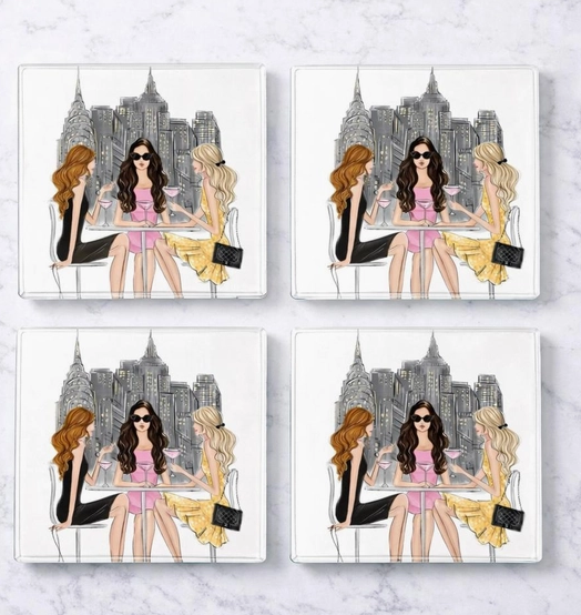 Fashion girl café glass coasters, set of 4. NYC corporate gifts and gifts for all occasions, with nationwide delivery from our Long Island gift store.