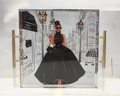 Parisian Fashionista Acrylic Tray with gold handles featuring a chic fashion illustration of a woman in a black ball gown on a Paris street with the Eiffel Tower - luxury gift for her, NYC and Long Island boutique, nationwide delivery