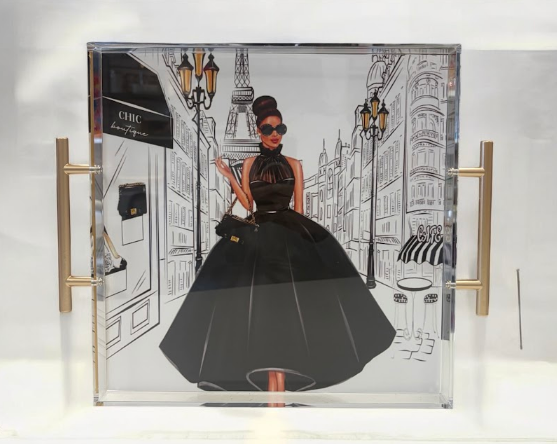 Parisian Fashionista Acrylic Tray with gold handles featuring a chic fashion illustration of a woman in a black ball gown on a Paris street with the Eiffel Tower - luxury gift for her, NYC and Long Island boutique, nationwide delivery