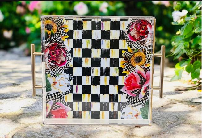 Flower Garden Checkerboard Acrylic Tray with gold handles featuring a bold black and white checkerboard pattern with lush roses, sunflowers, and magnolias - unique decorative gift for the home, NYC and Long Island boutique, nationwide delivery