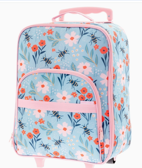 Flowers and bees kids rolling luggage with pink trim - personalized children's suitcase, The Pampered Professional, NYC gift store, nationwide delivery