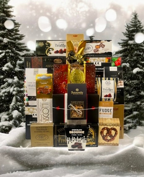 Midnight Munch Gourmet Gathering gift basket filled with premium chocolates, truffles, caramels and candies in rich purple and plum tones, set against a snowy winter backdrop - perfect for corporate holiday gifts, Christmas and Chanukah baskets, delivered in NYC and nationwide.