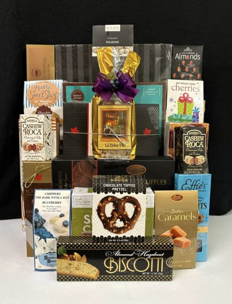Royal Remembrance luxury sympathy and condolence gift basket with gold, purple, and black presentation - filled with gourmet chocolates, biscotti, cashew roca, butter caramels, almonds, and dried cherries - nationwide delivery from NYC Long Island gift store - corporate gifts, shiva, memorial, bereavement, get well, holidays, Christmas, thank you