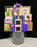 Luxury graphite ice bucket gift basket filled with premium gourmet treats - sleek and modern corporate gift for New York clients, tenant renewals, and office gifting