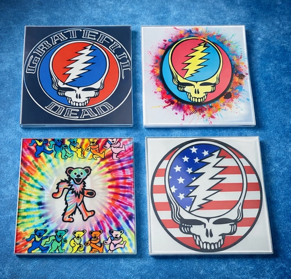 Grateful Dead glass coasters with skull and tie-dye art, for NYC corporate gifts and gifts for all occasions; nationwide delivery from our Long Island gift store
