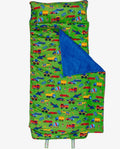 Personalized green transportation kids nap mat with built-in pillow and blanket - custom name gift for boys, preschool & daycare - nationwide delivery from The Pampered Professional, Long Island NY